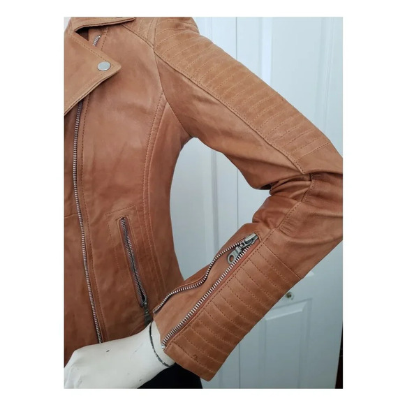 BNWT Stradivarius  Sheep Leather Motorcycle style Fitted Brown Jacket Small - Picture 3 of 14